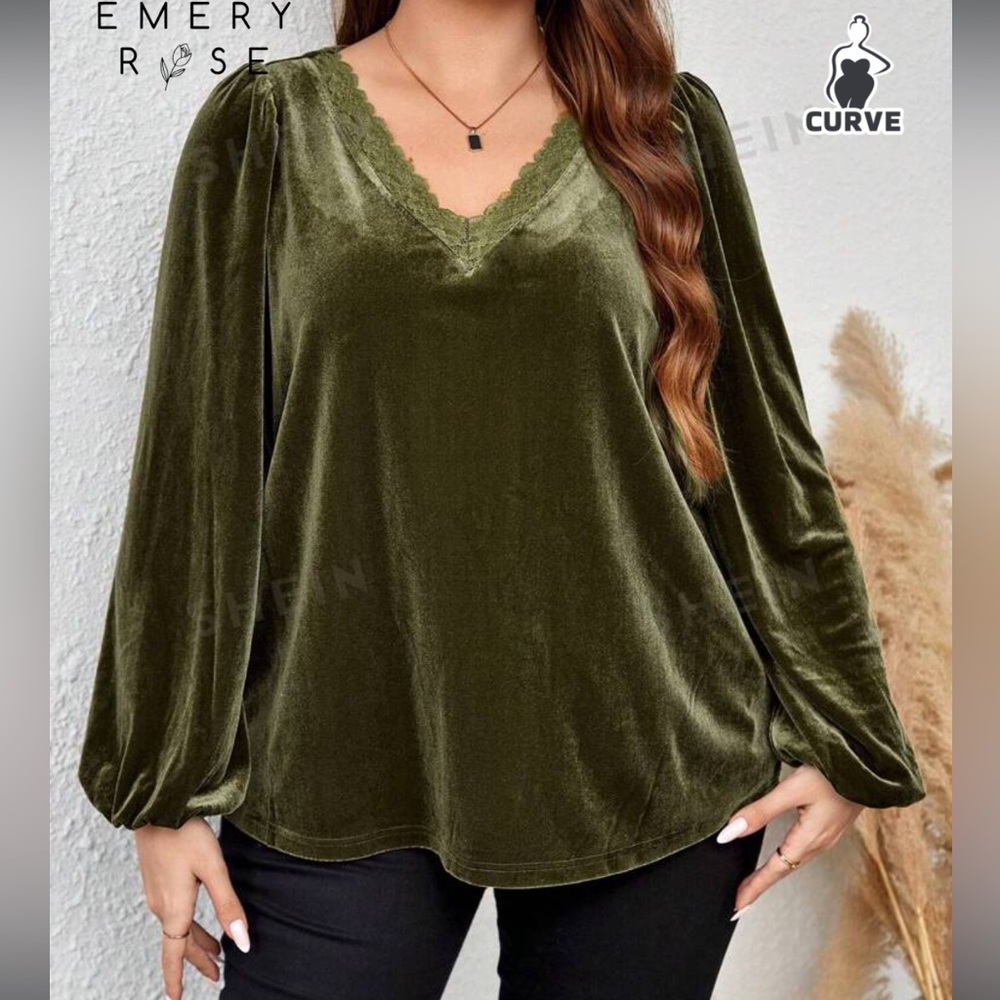 Whimsigoth Green Velvet Lace Puff Sleeve Top